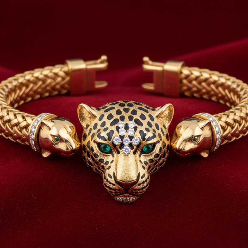 leopar kafası olan lüks bir bileklik arkaplan kırmızı renk